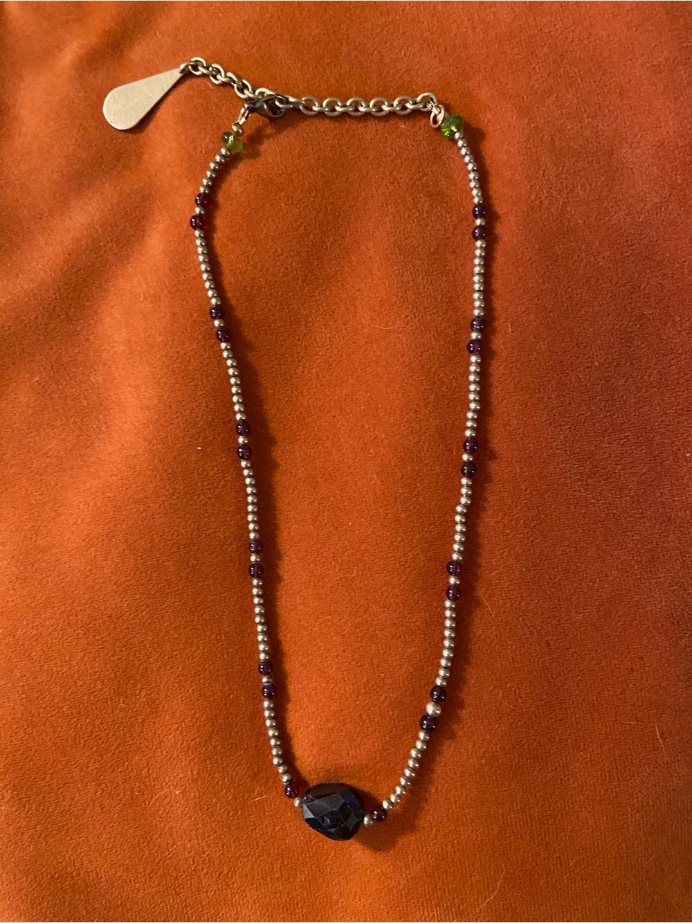Raw Brass Beaded Necklace with Garnet Accent and Peridot Pendant